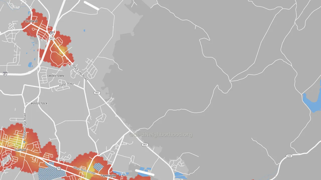 Walk Grade map of Cold Spring, PA, walkable areas in green and car-dependent areas in red
