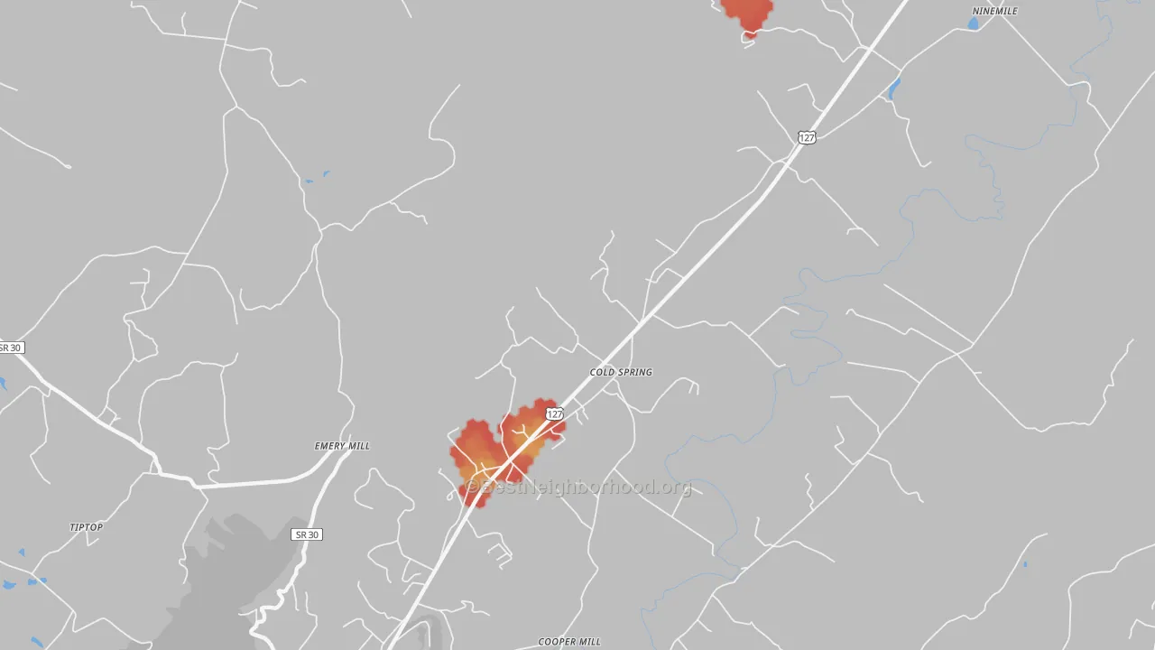 Walk Grade map of Cold Spring, TN, walkable areas in green and car-dependent areas in red