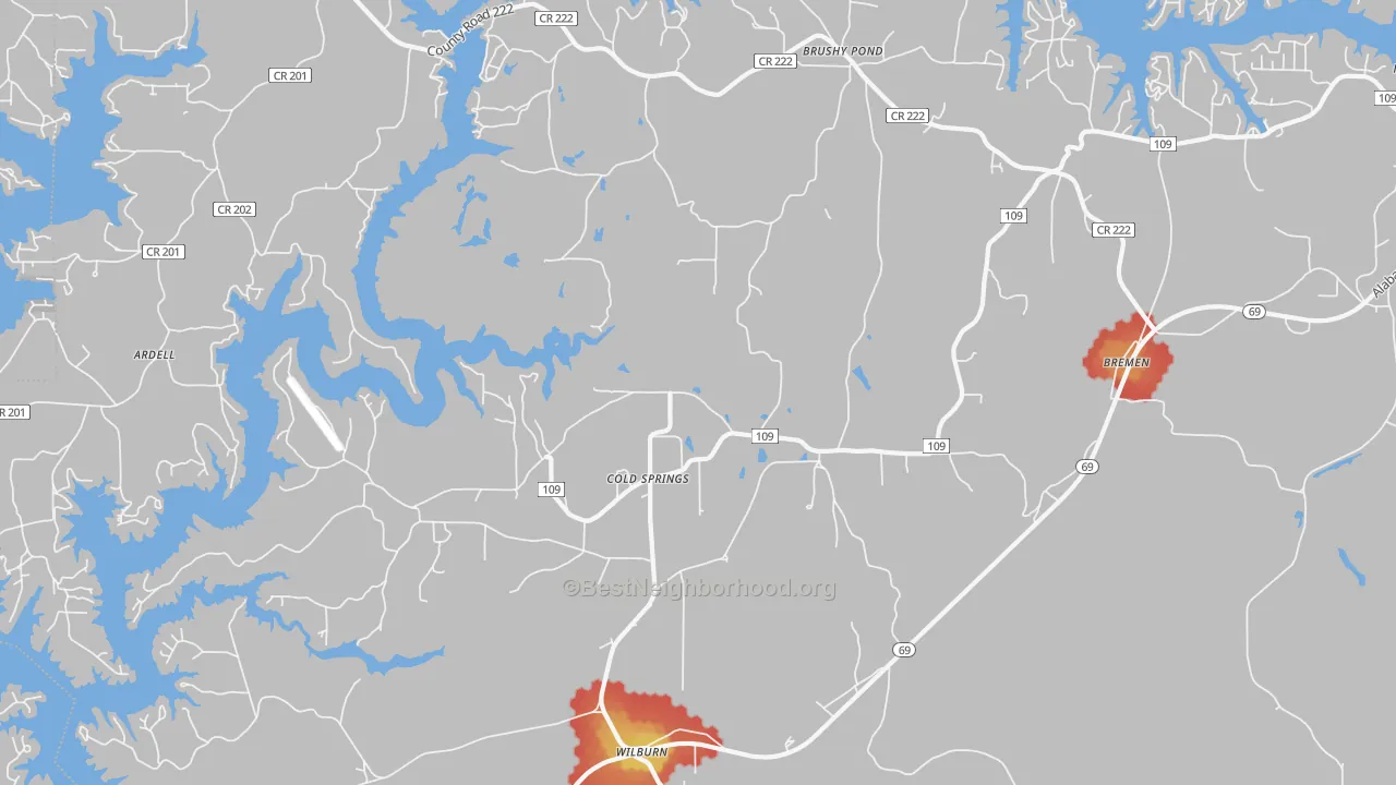 Walk Grade map of Cold Springs, AL, walkable areas in green and car-dependent areas in red