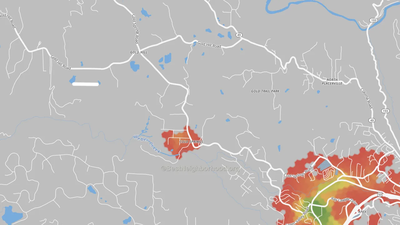 Walk Grade map of Cold Springs, CA, walkable areas in green and car-dependent areas in red