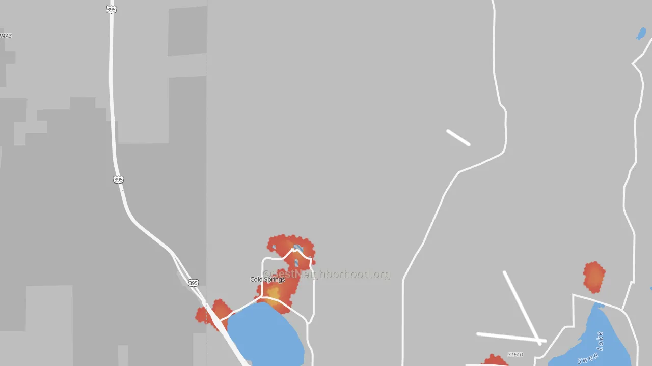 Walk Grade map of Cold Springs, NV, walkable areas in green and car-dependent areas in red