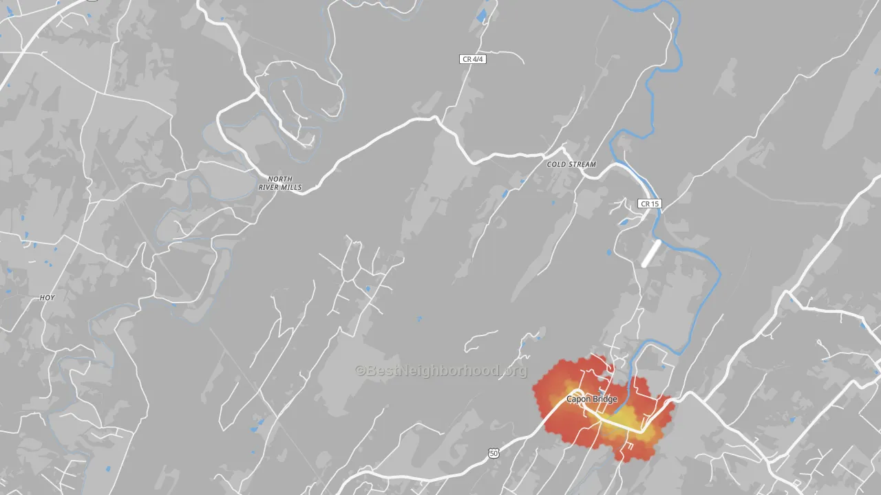 Walk Grade map of Cold Stream, WV, walkable areas in green and car-dependent areas in red