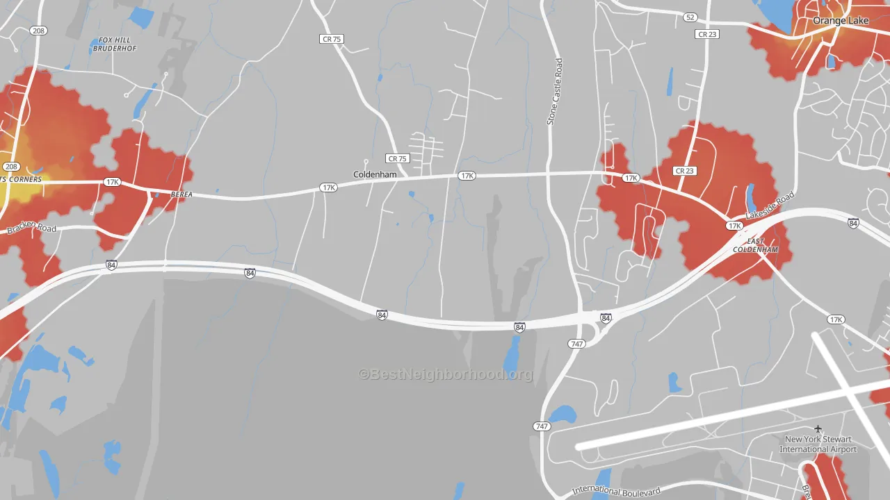 Walk Grade map of Coldenham, NY, walkable areas in green and car-dependent areas in red