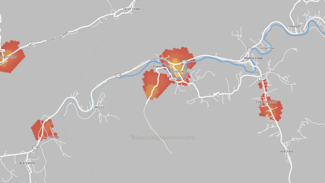 Walk Grade map of Coldiron, KY, walkable areas in green and car-dependent areas in red