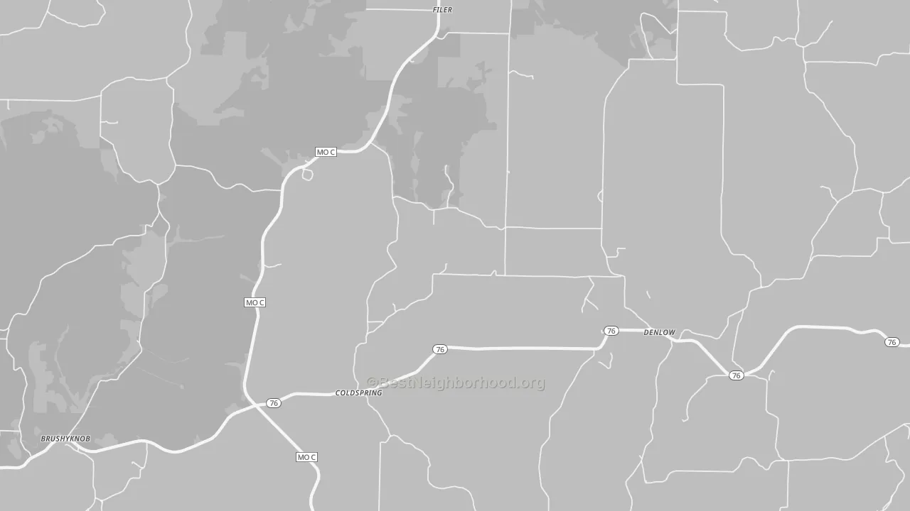 Walk Grade map of Coldspring, MO, walkable areas in green and car-dependent areas in red