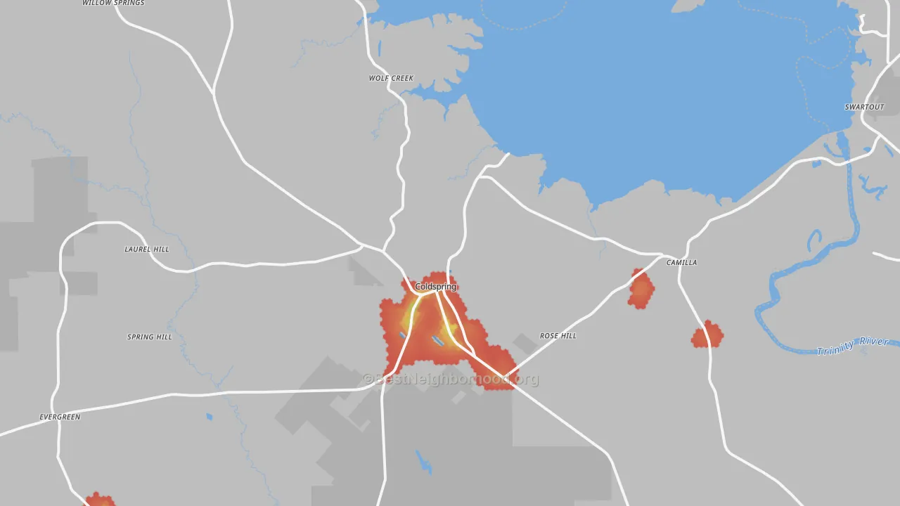 Walk Grade map of Coldspring, TX, walkable areas in green and car-dependent areas in red