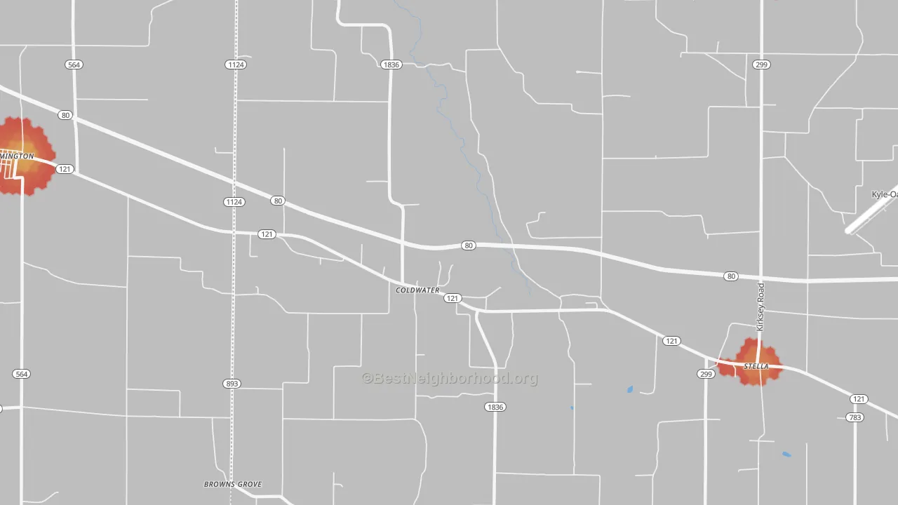 Walk Grade map of Coldwater, KY, walkable areas in green and car-dependent areas in red
