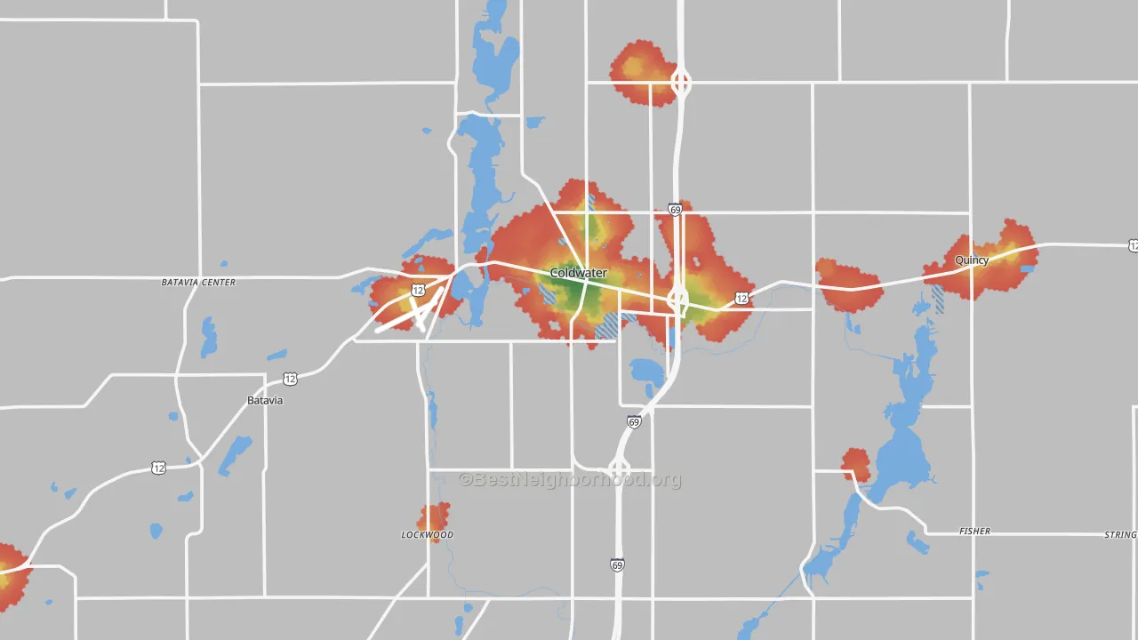 Walk Grade map of Coldwater, MI, walkable areas in green and car-dependent areas in red