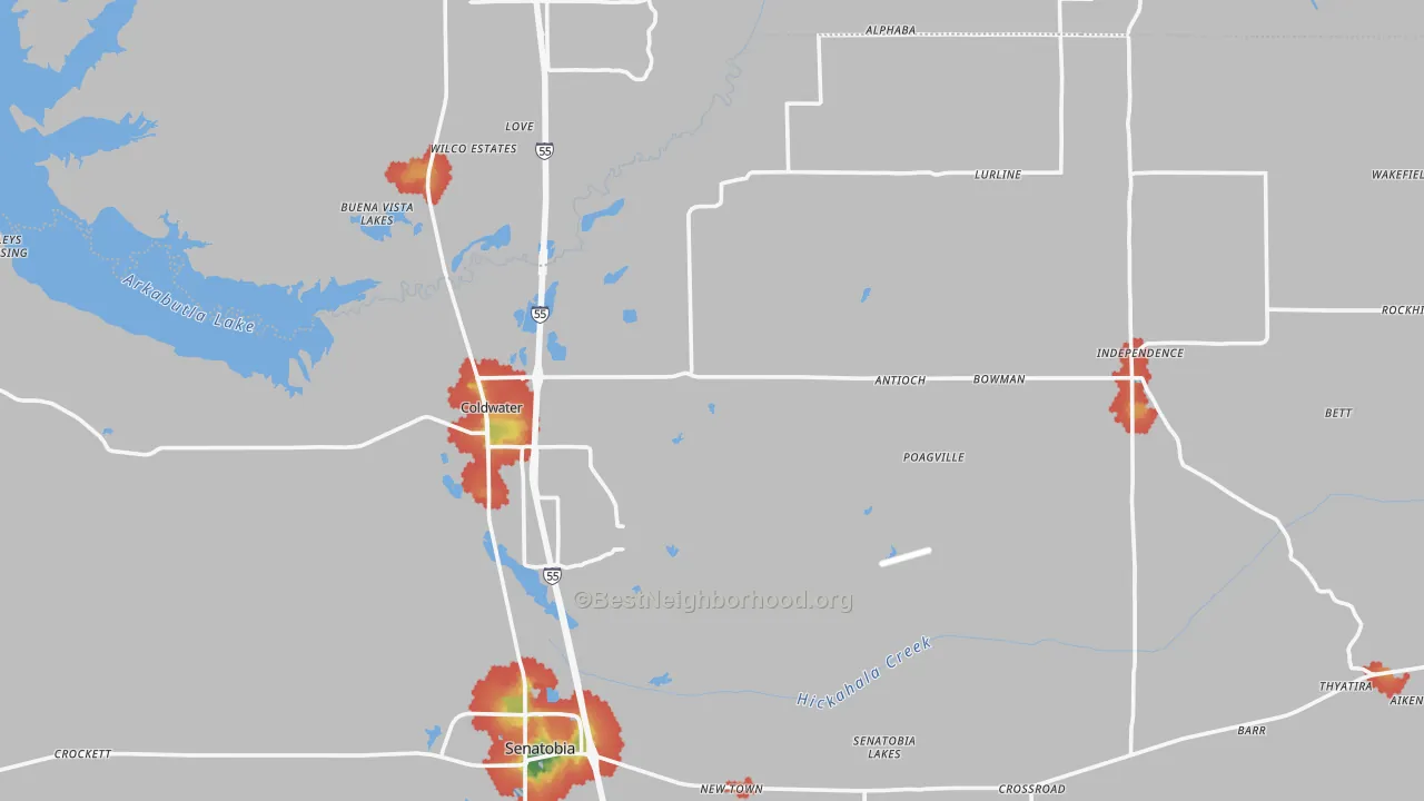 Walk Grade map of Coldwater, MS, walkable areas in green and car-dependent areas in red