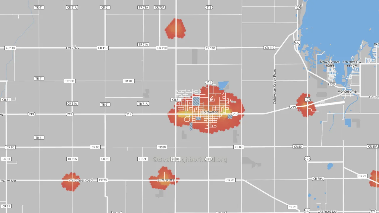 Walk Grade map of Coldwater, OH, walkable areas in green and car-dependent areas in red