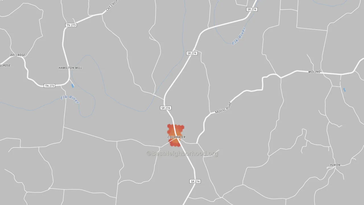 Walk Grade map of Coldwater, TN, walkable areas in green and car-dependent areas in red