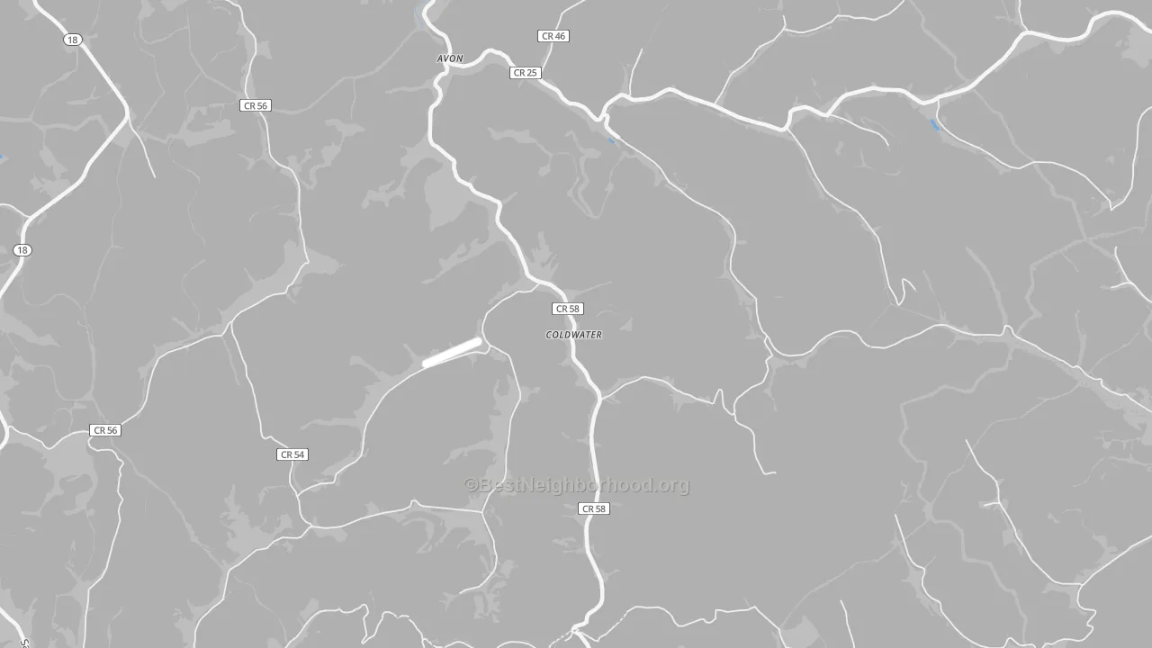 Walk Grade map of Coldwater, WV, walkable areas in green and car-dependent areas in red