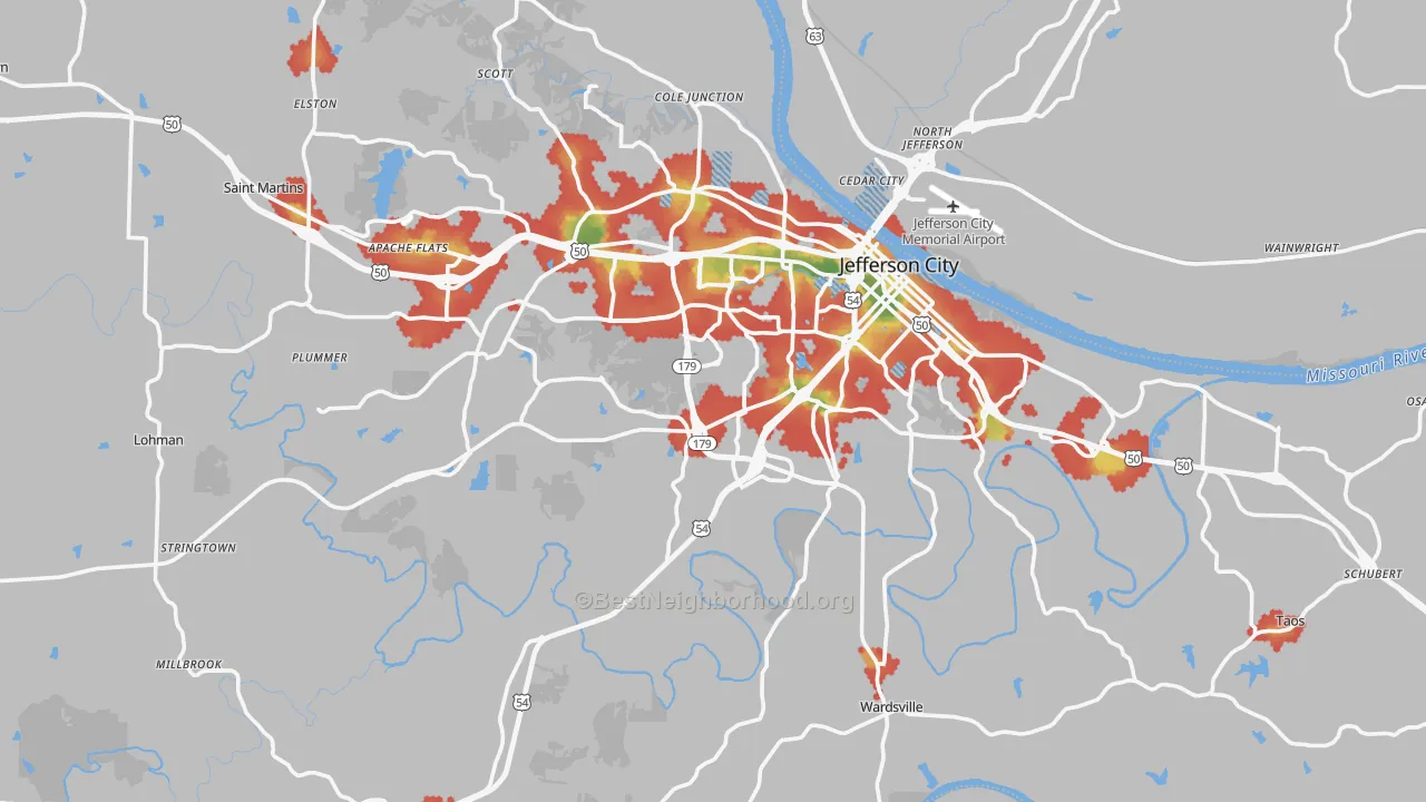 Walk Grade map of Cole County, MO, walkable areas in green and car-dependent areas in red