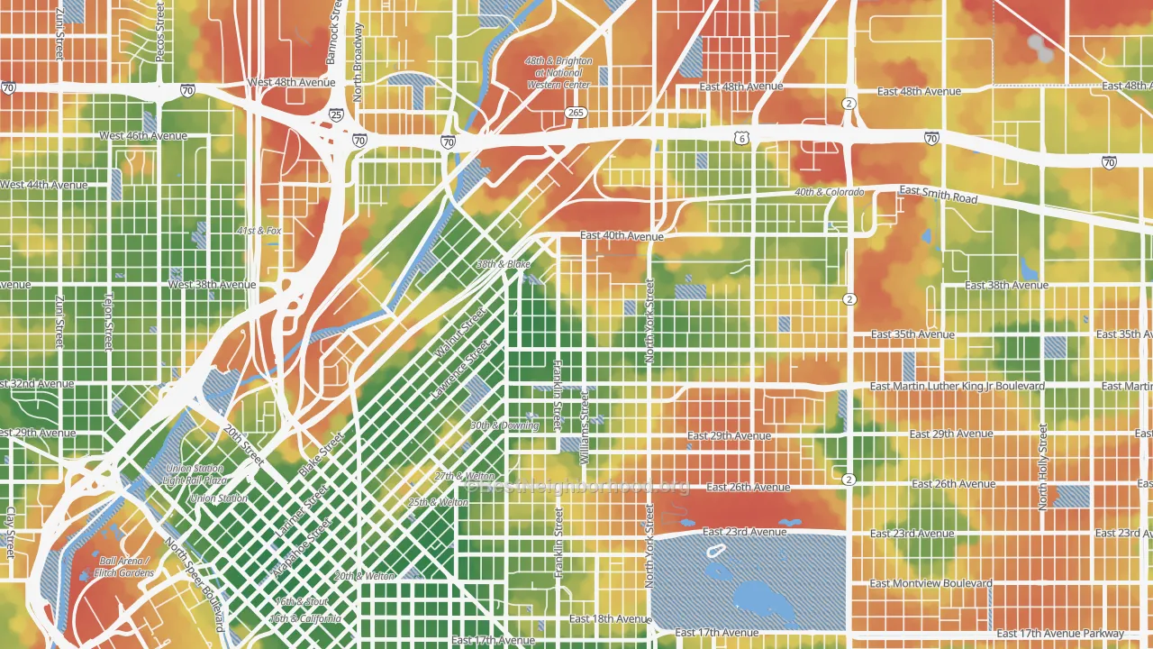 Walk Grade map of Cole, Denver, CO, walkable areas in green and car-dependent areas in red