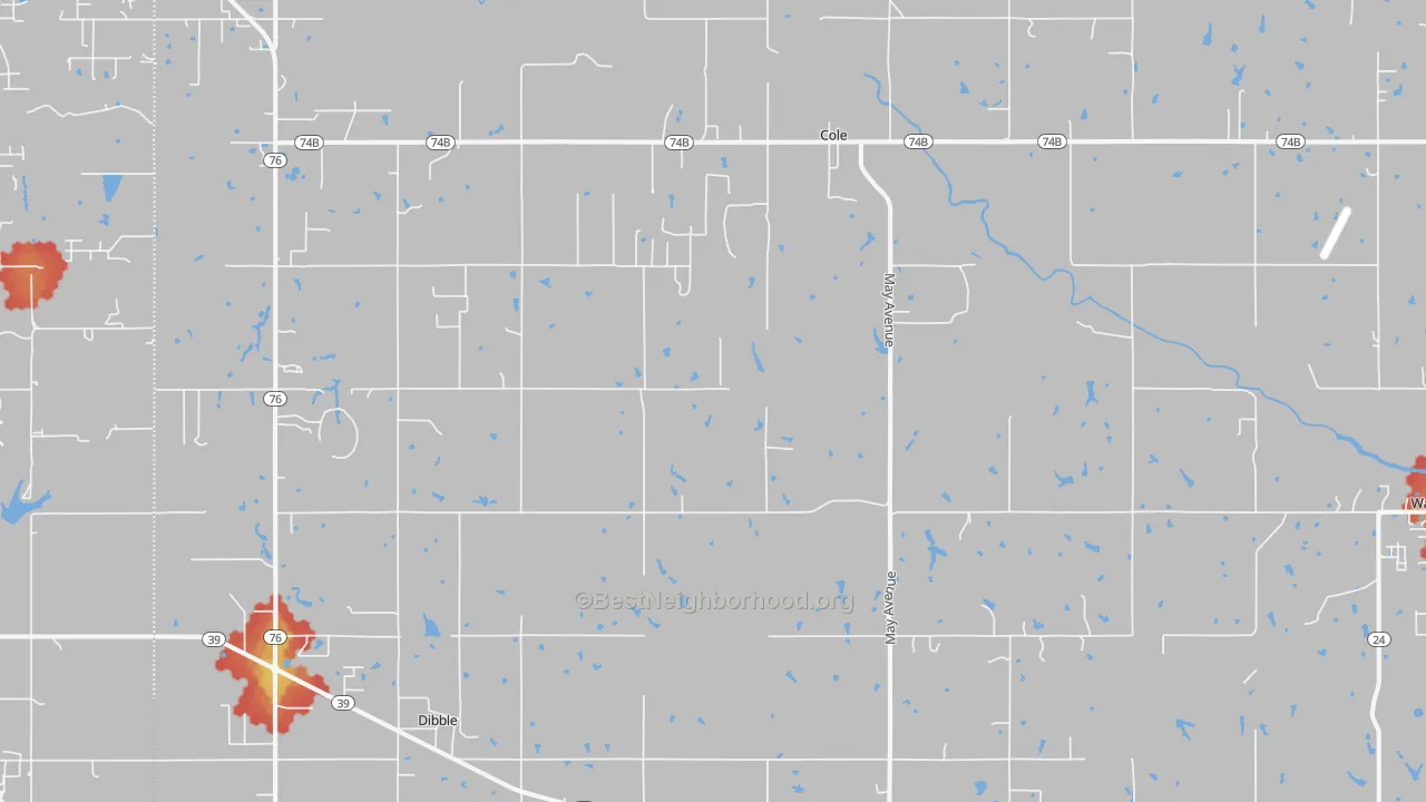 Walk Grade map of Cole, OK, walkable areas in green and car-dependent areas in red