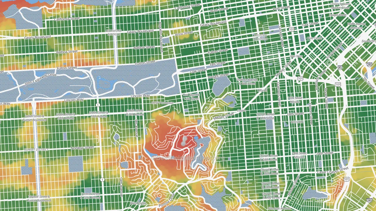 Walk Grade map of Cole Valley, San Francisco, CA, walkable areas in green and car-dependent areas in red