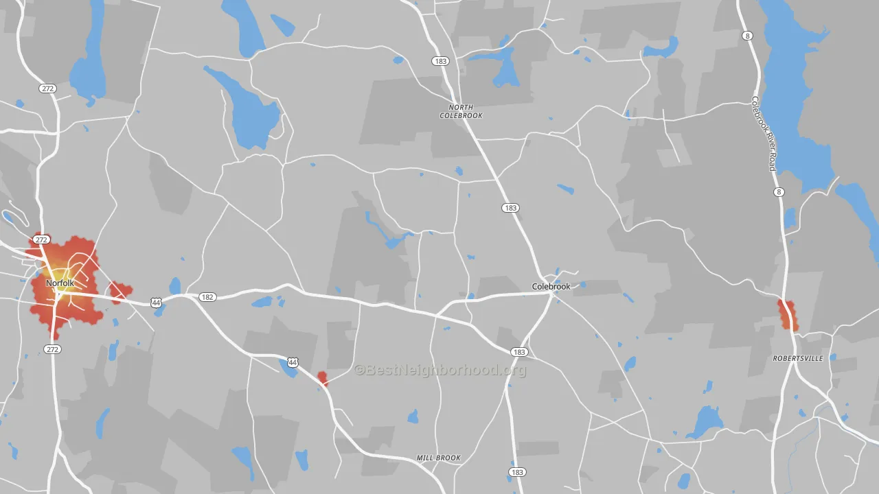 Walk Grade map of Colebrook, CT, walkable areas in green and car-dependent areas in red