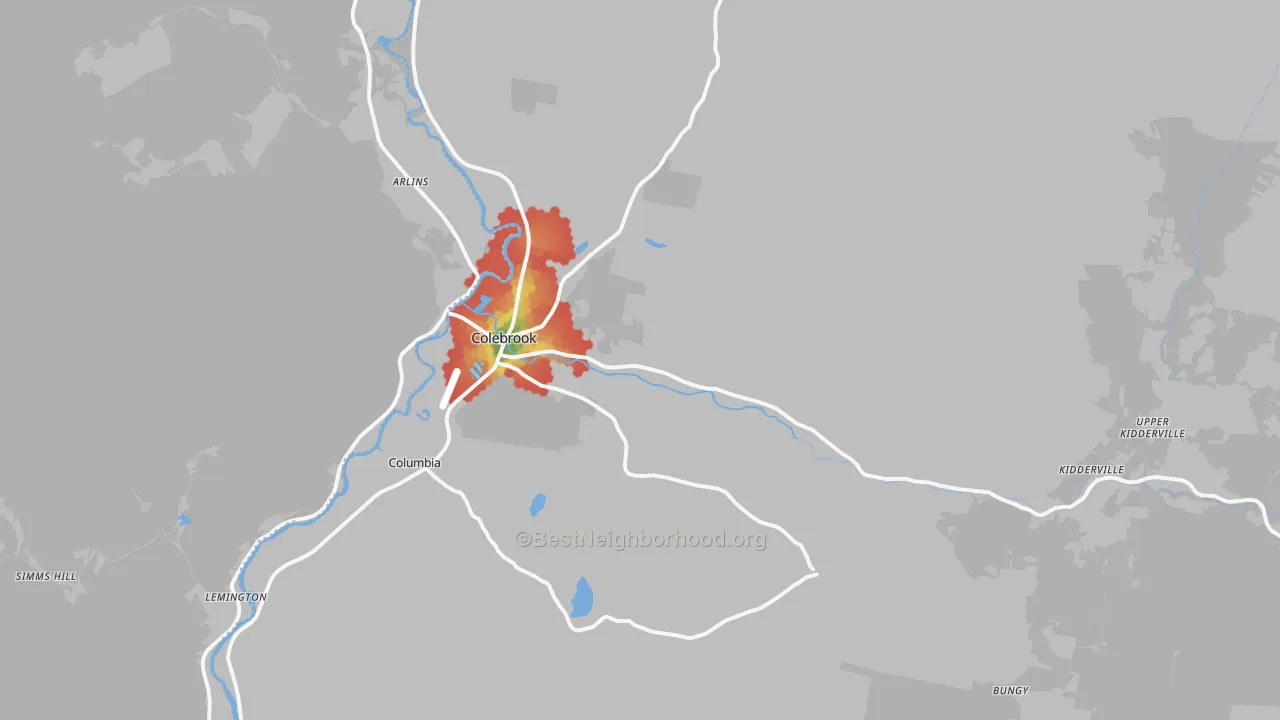 Walk Grade map of Colebrook, NH, walkable areas in green and car-dependent areas in red