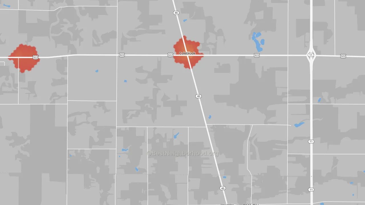 Walk Grade map of Colebrook, OH, walkable areas in green and car-dependent areas in red