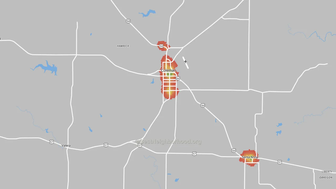 Walk Grade map of Coleman County, TX, walkable areas in green and car-dependent areas in red