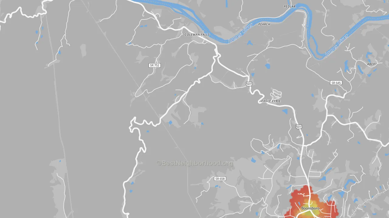 Walk Grade map of Coleman Falls, VA, walkable areas in green and car-dependent areas in red