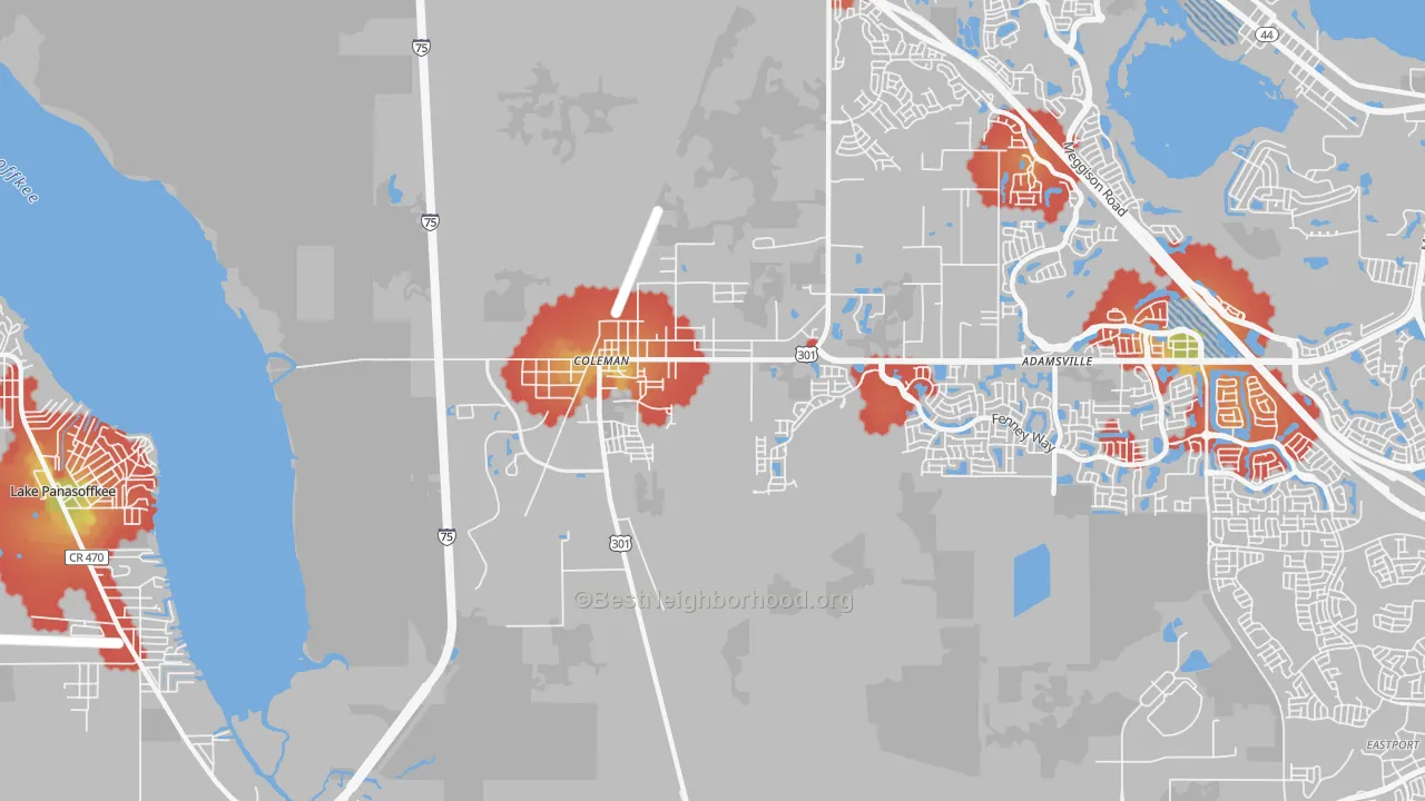 Walk Grade map of Coleman, FL, walkable areas in green and car-dependent areas in red