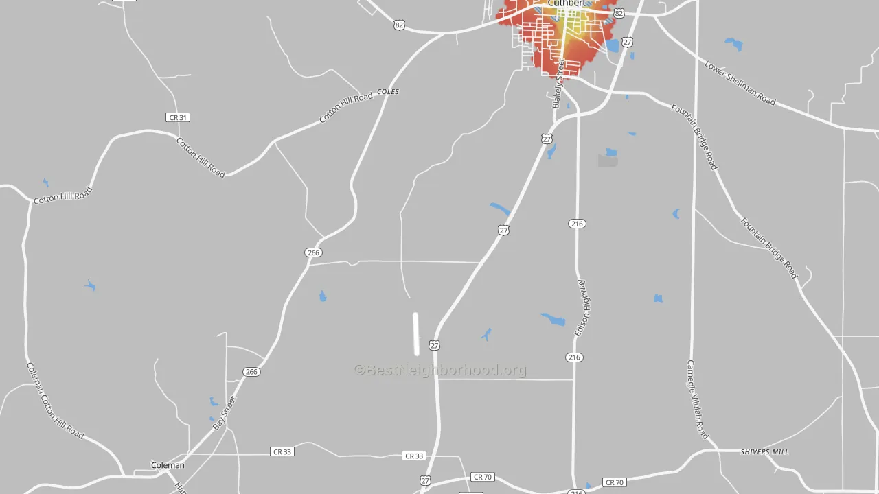 Walk Grade map of Coleman, GA, walkable areas in green and car-dependent areas in red