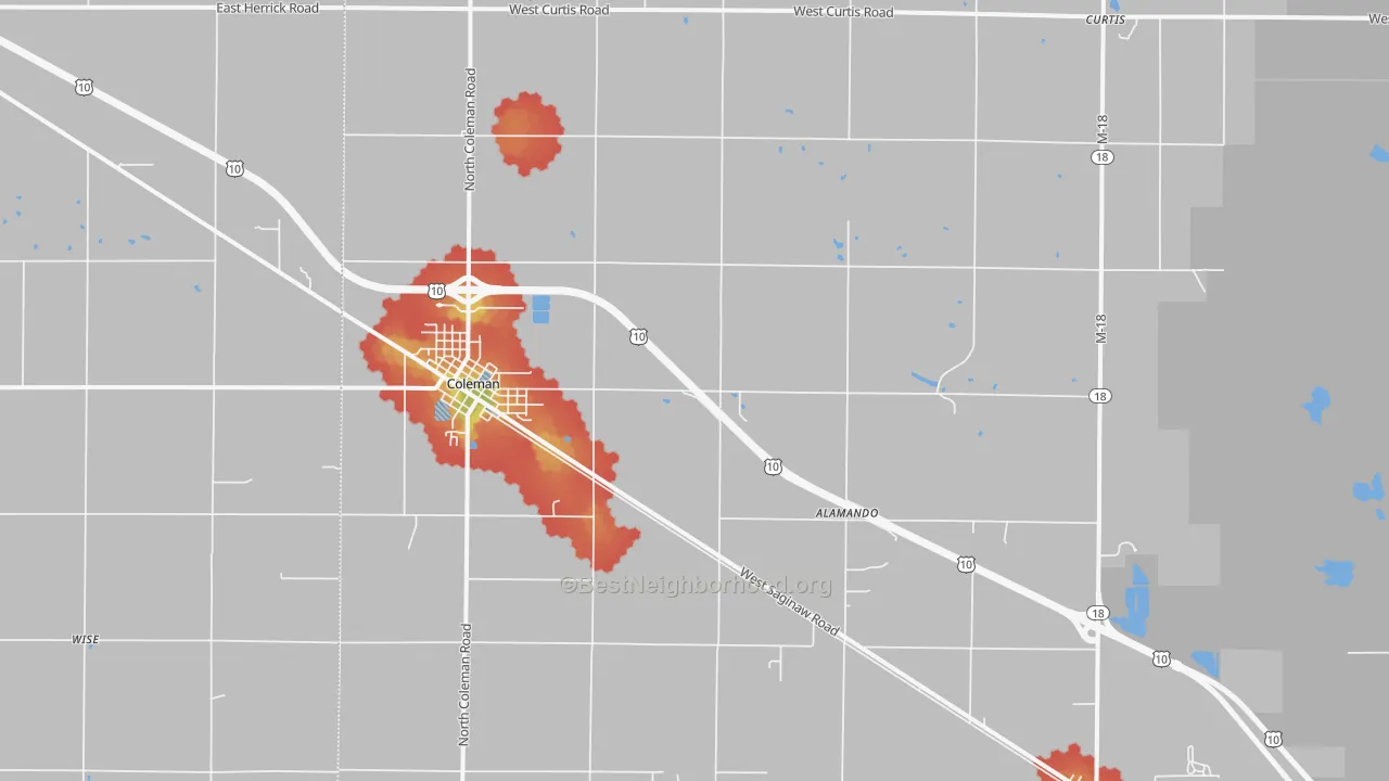 Walk Grade map of Coleman, MI, walkable areas in green and car-dependent areas in red