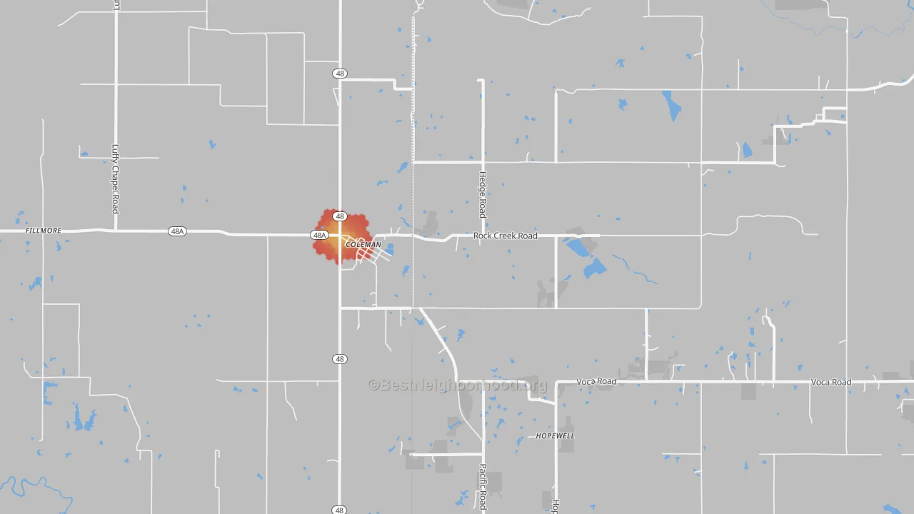 Walk Grade map of Coleman, OK, walkable areas in green and car-dependent areas in red