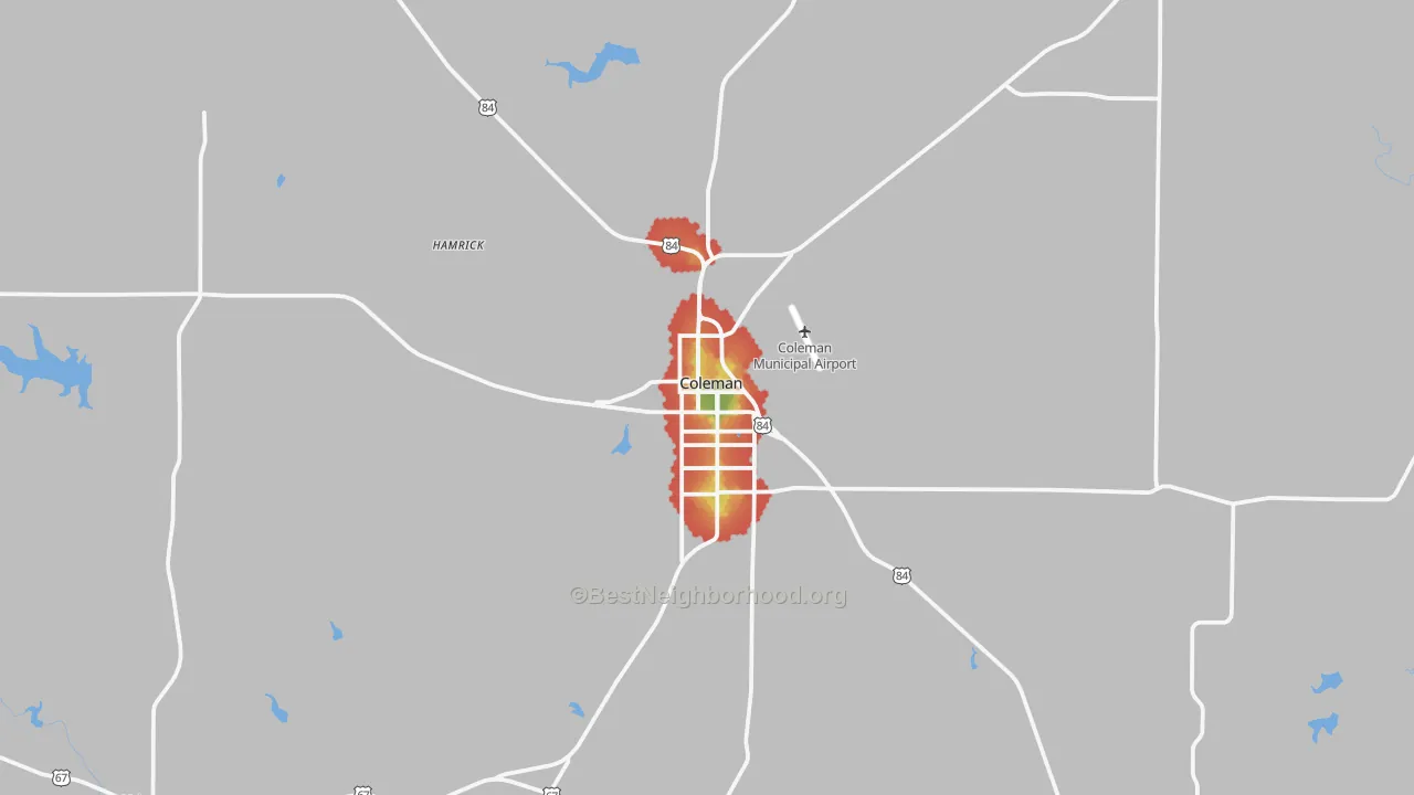 Walk Grade map of Coleman, TX, walkable areas in green and car-dependent areas in red