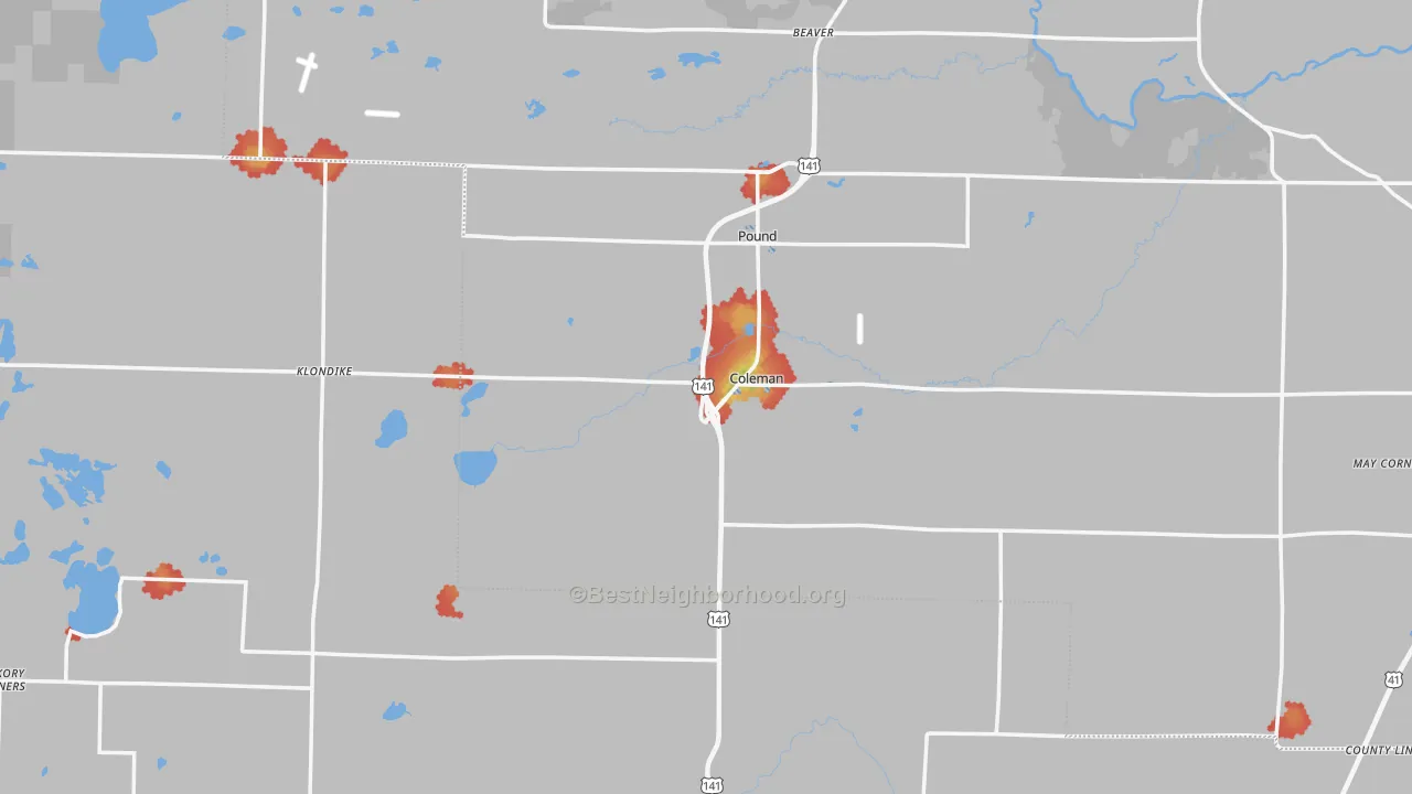 Walk Grade map of Coleman, WI, walkable areas in green and car-dependent areas in red