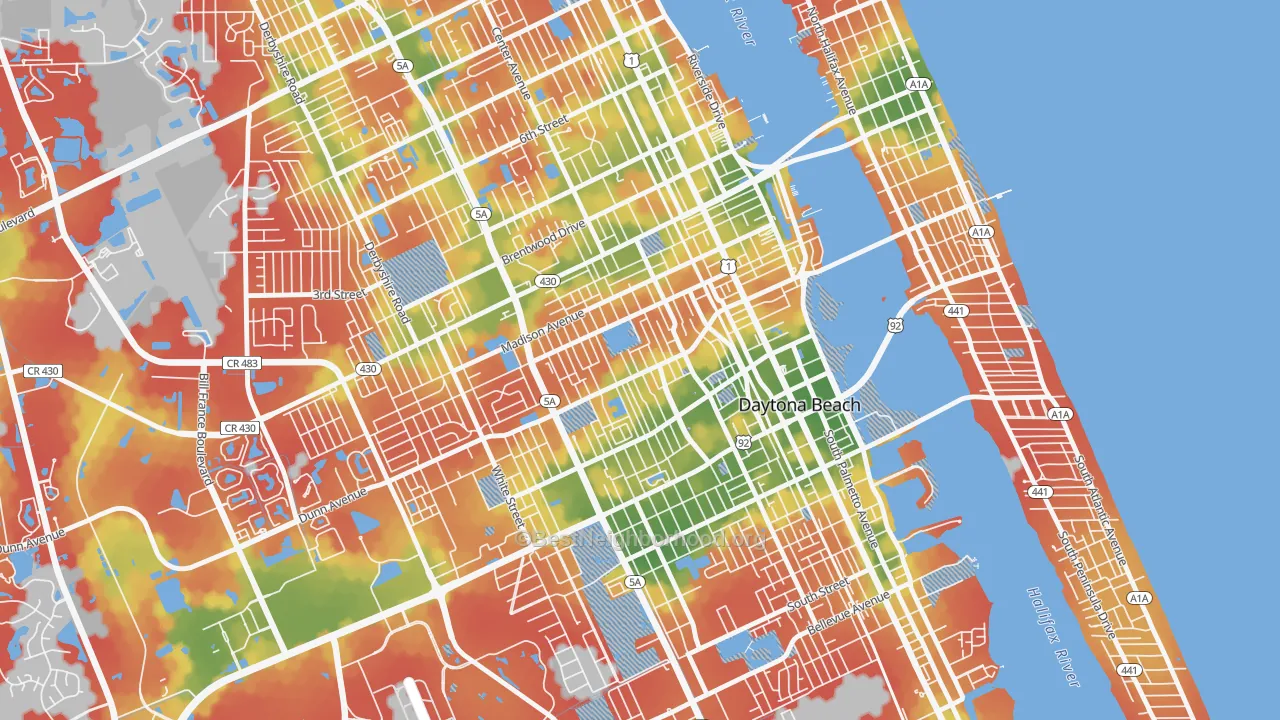 Walk Grade map of Colemans Daytona, Daytona Beach, FL, walkable areas in green and car-dependent areas in red