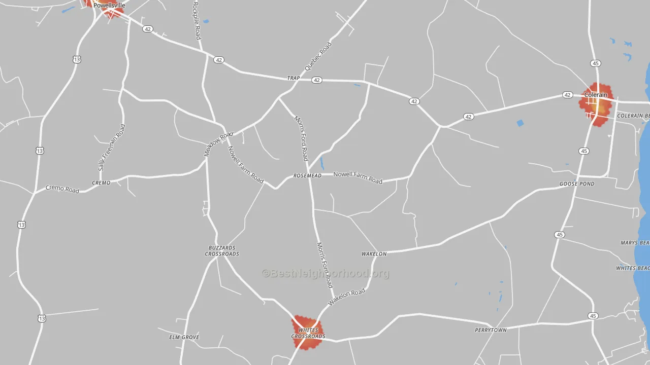 Walk Grade map of Colerain, NC, walkable areas in green and car-dependent areas in red