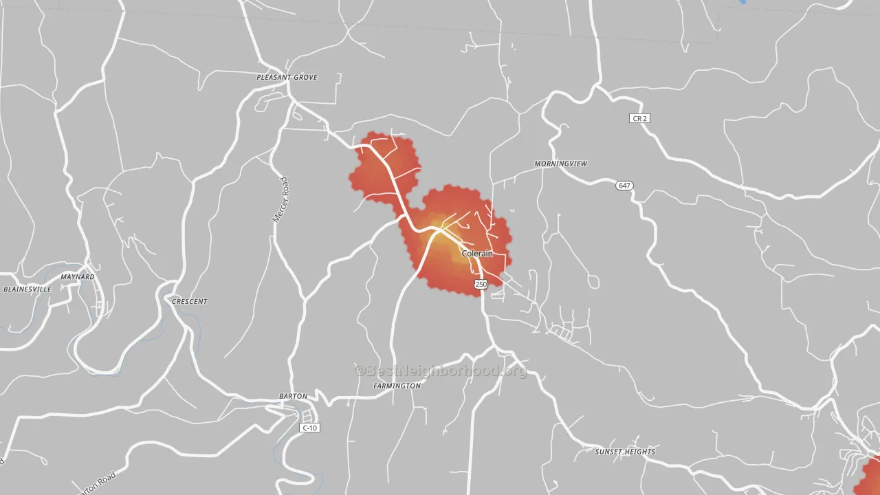 Walk Grade map of Colerain, OH, walkable areas in green and car-dependent areas in red