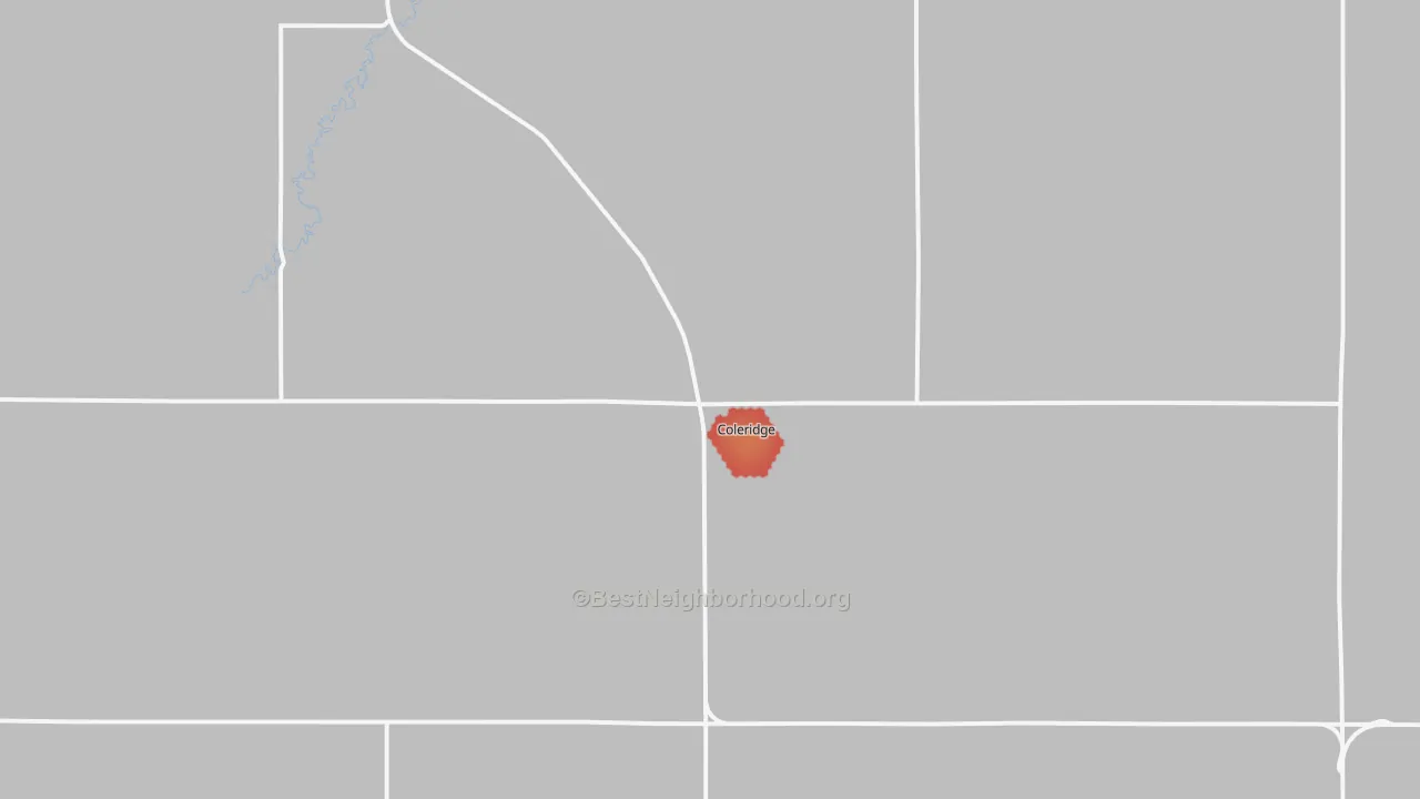 Walk Grade map of Coleridge, NE, walkable areas in green and car-dependent areas in red