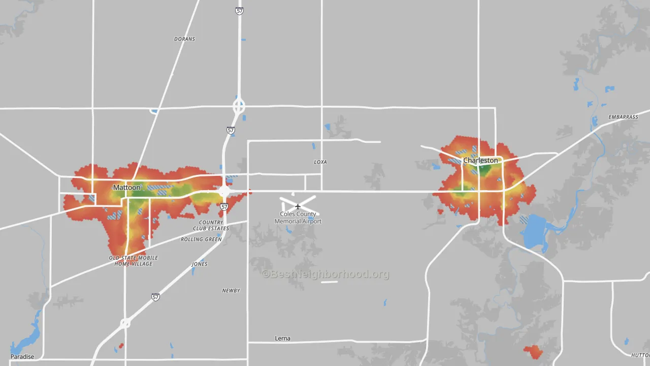 Walk Grade map of Coles County, IL, walkable areas in green and car-dependent areas in red