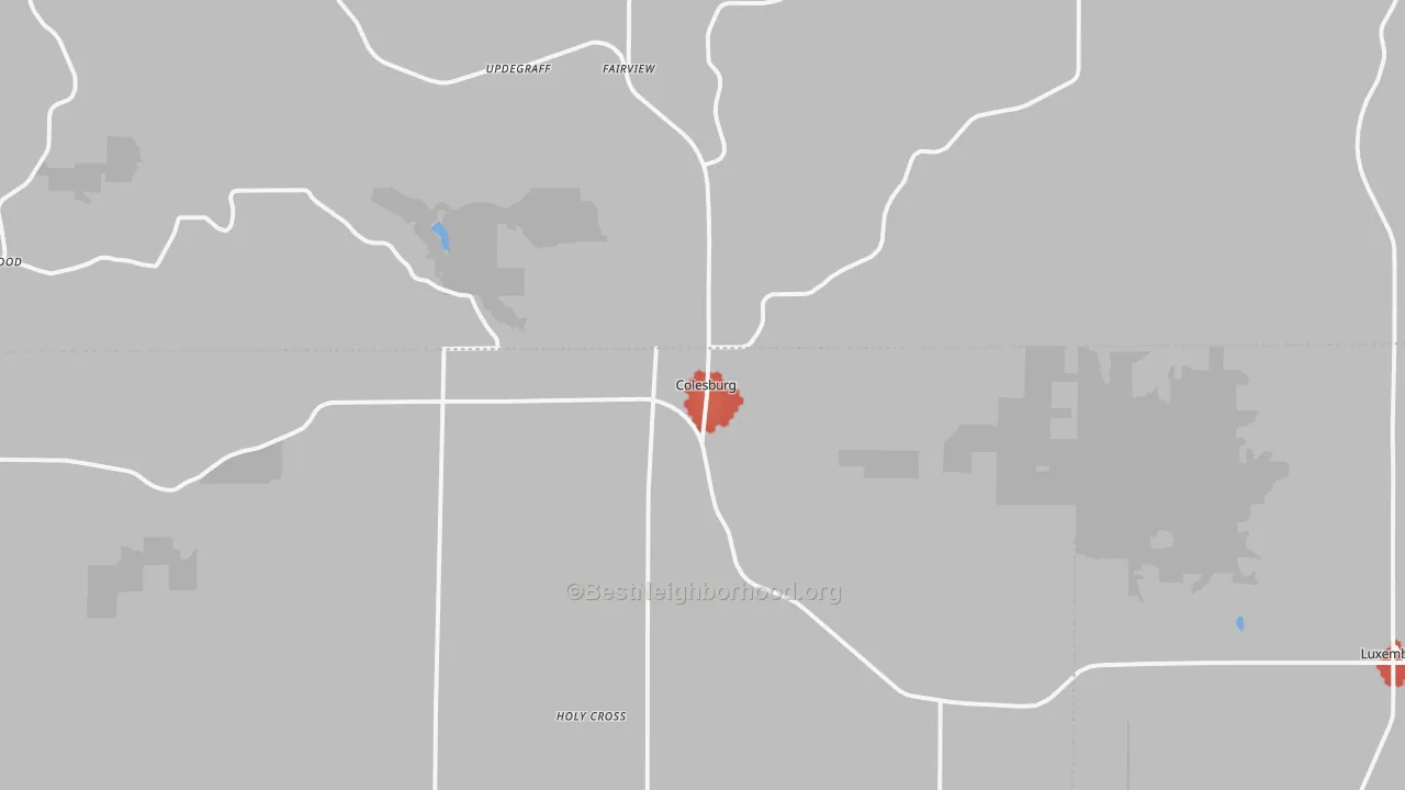 Walk Grade map of Colesburg, IA, walkable areas in green and car-dependent areas in red