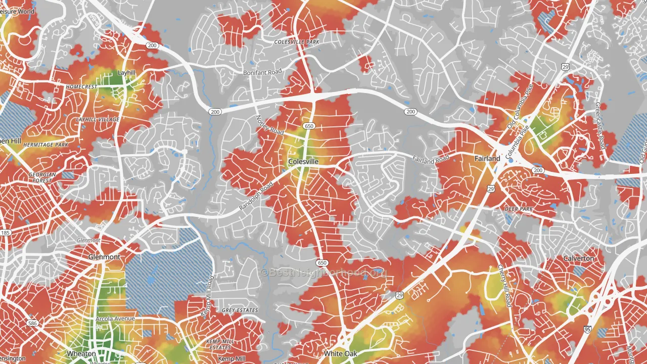 Walk Grade map of Colesville, MD, walkable areas in green and car-dependent areas in red