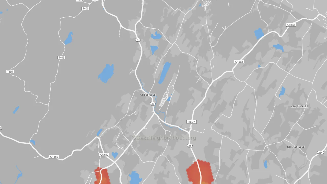 Walk Grade map of Colesville, NJ, walkable areas in green and car-dependent areas in red