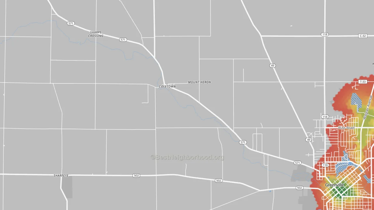 Walk Grade map of Coletown, OH, walkable areas in green and car-dependent areas in red