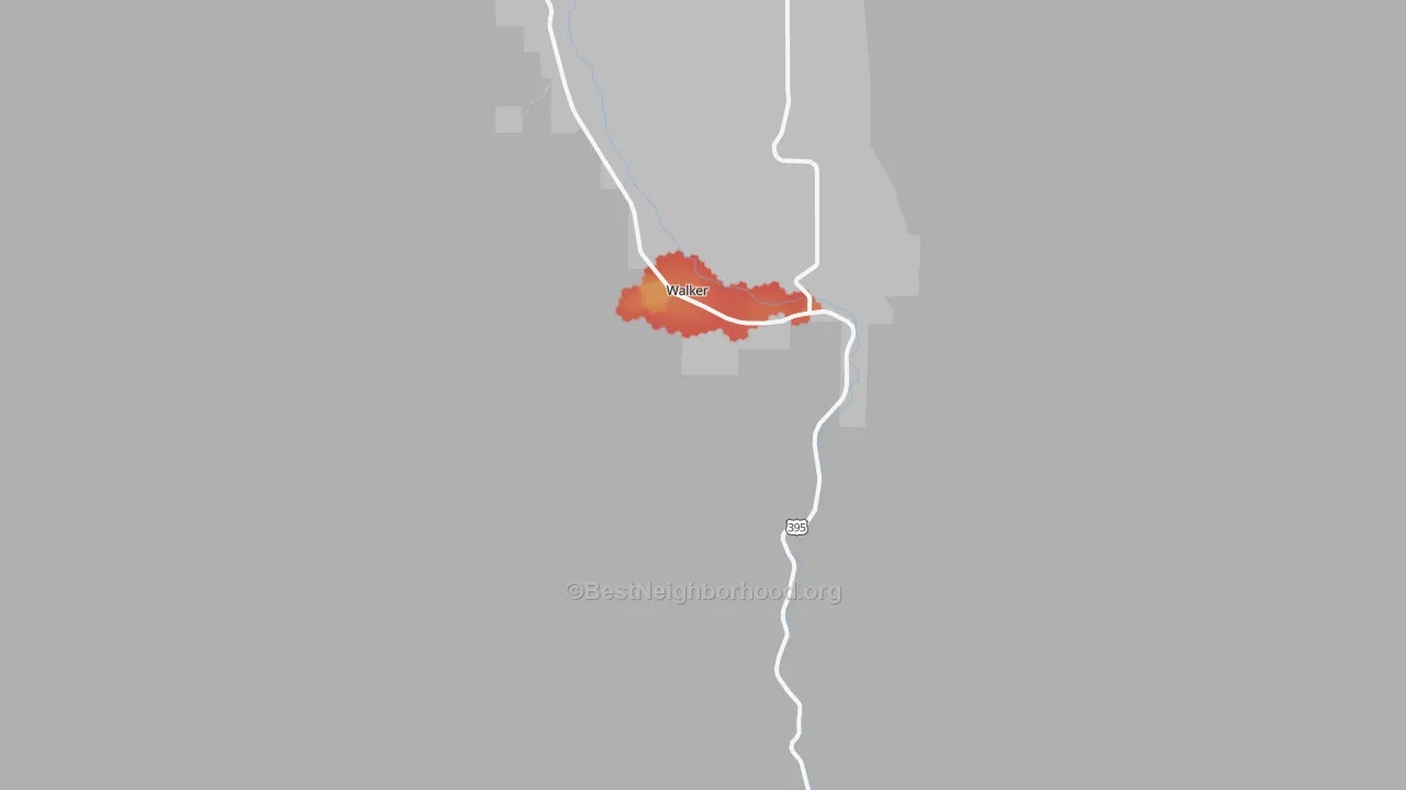 Walk Grade map of Coleville, CA, walkable areas in green and car-dependent areas in red