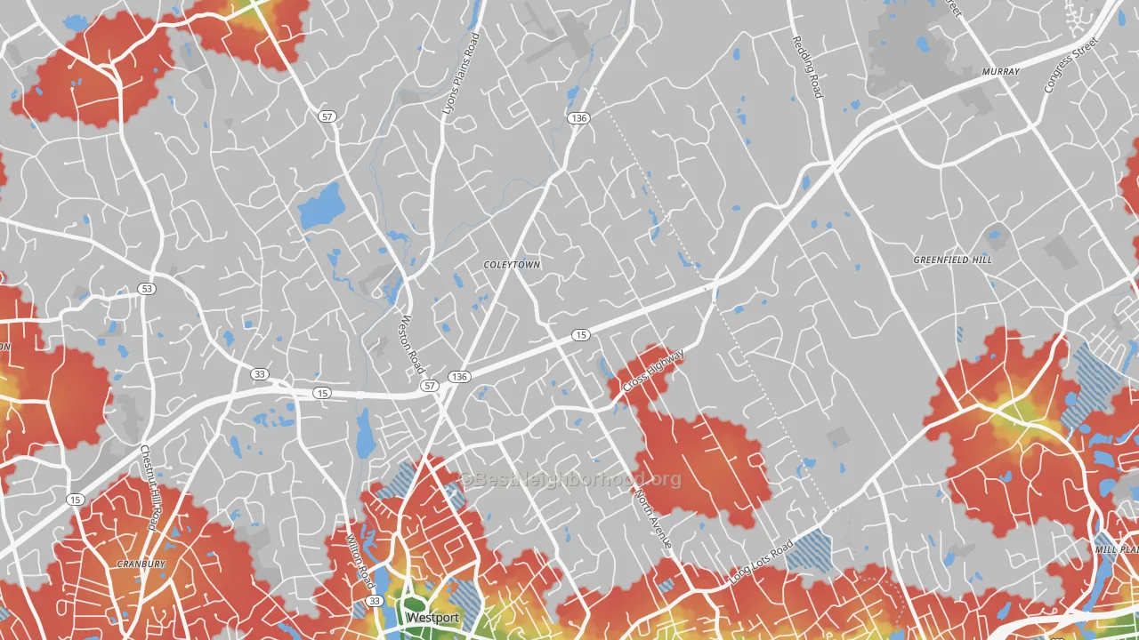 Walk Grade map of Coleytown, Westport, CT, walkable areas in green and car-dependent areas in red