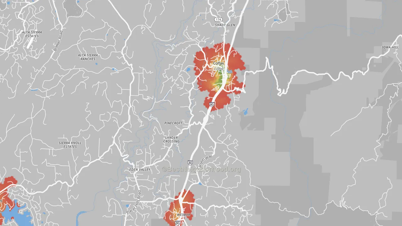 Walk Grade map of Colfax, CA, walkable areas in green and car-dependent areas in red