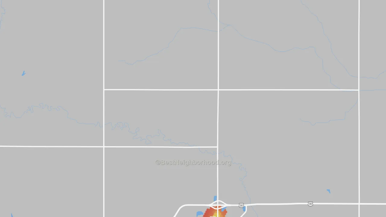 Walk Grade map of Colfax County, NE, walkable areas in green and car-dependent areas in red