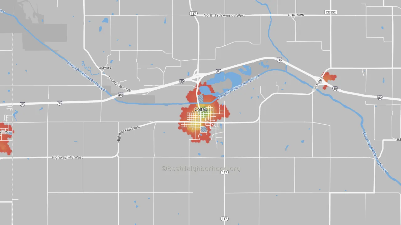 Walk Grade map of Colfax, IA, walkable areas in green and car-dependent areas in red