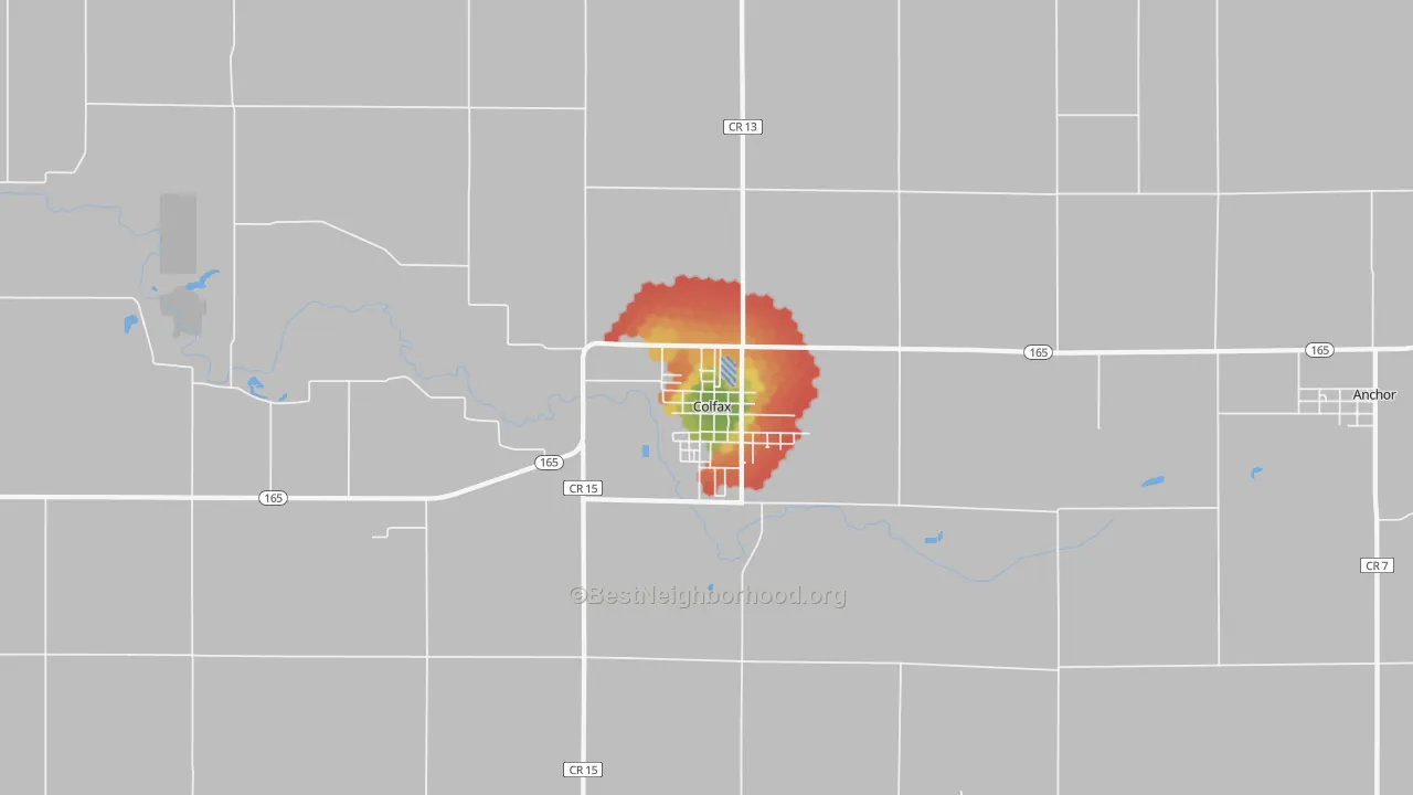 Walk Grade map of Colfax, IL, walkable areas in green and car-dependent areas in red