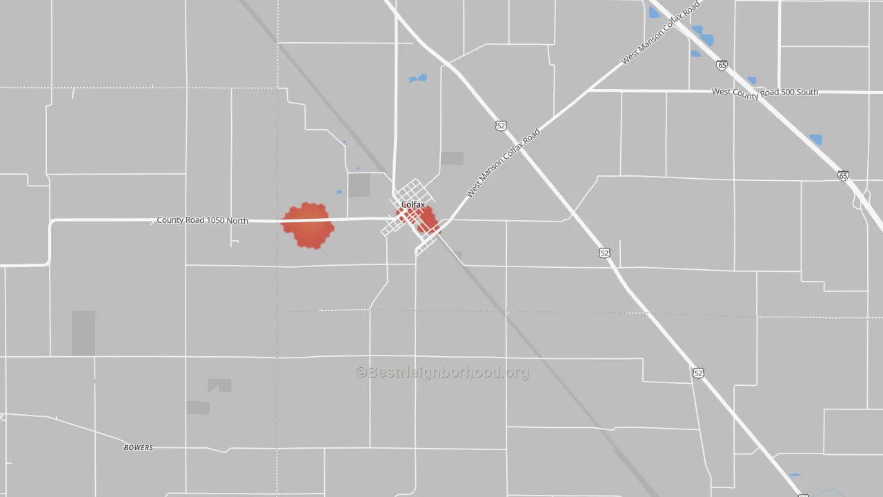 Walk Grade map of Colfax, IN, walkable areas in green and car-dependent areas in red