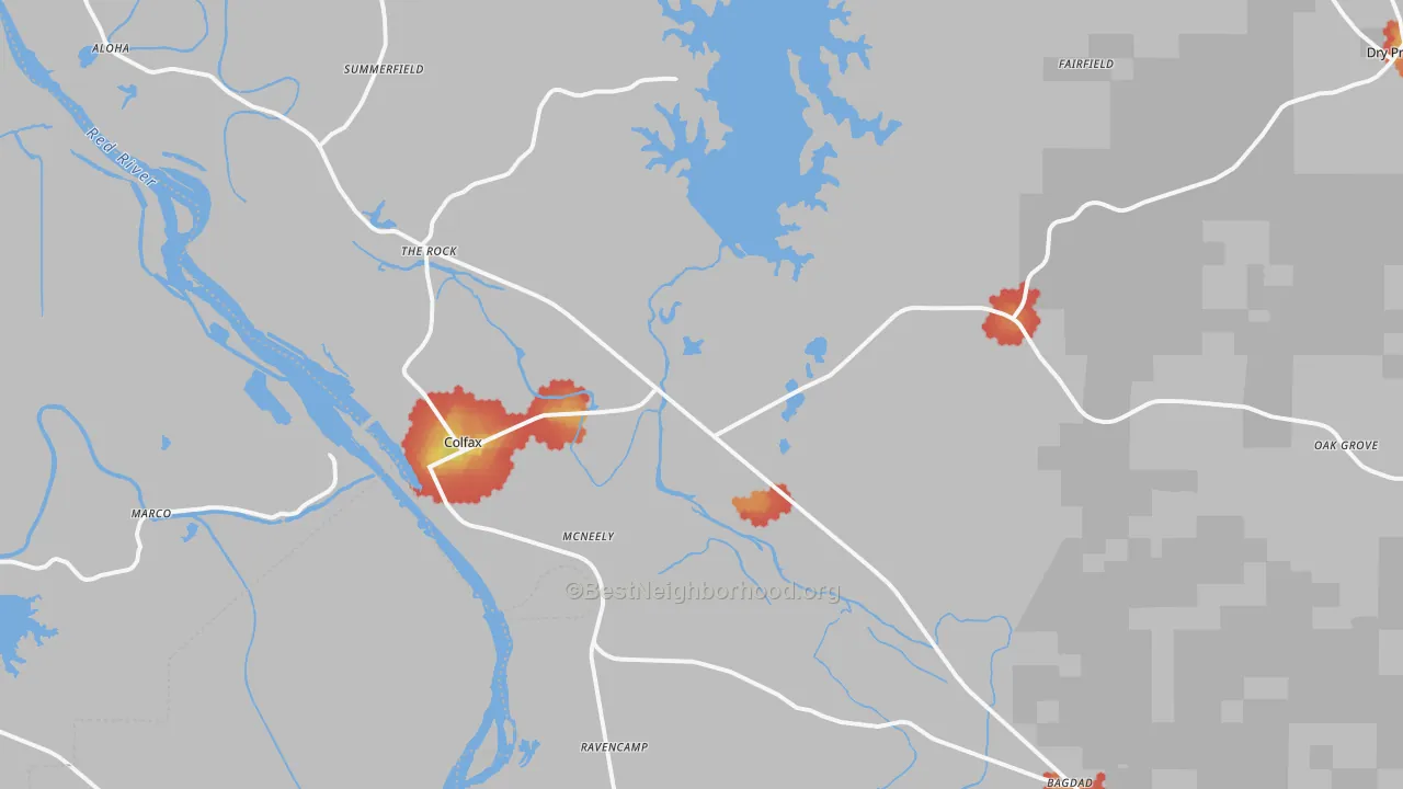 Walk Grade map of Colfax, LA, walkable areas in green and car-dependent areas in red