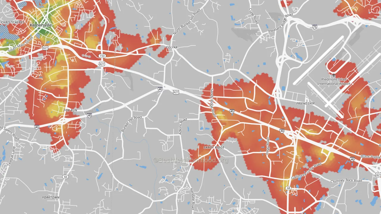 Walk Grade map of Colfax, NC, walkable areas in green and car-dependent areas in red