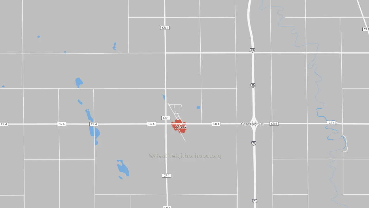 Walk Grade map of Colfax, ND, walkable areas in green and car-dependent areas in red
